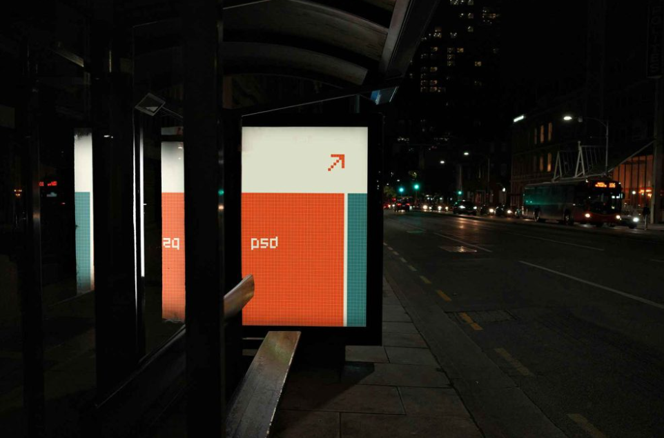 Free Bus Stop Mockup at Night Realistic City Advertising PSD Template