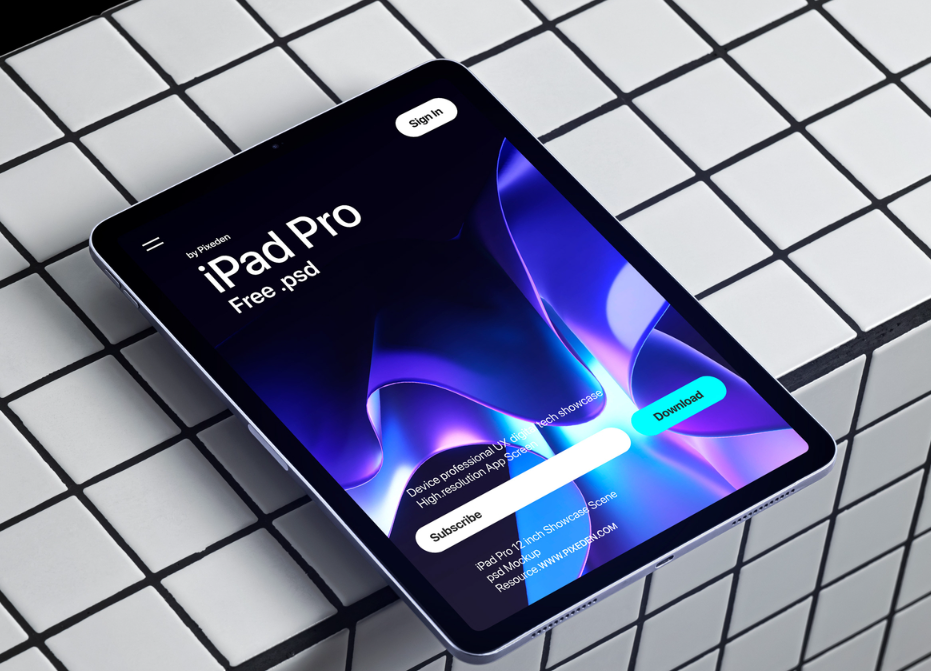 Free iPad Pro PSD Mockup Showcase Scene Realistic Tablet Display for UI and App Designs