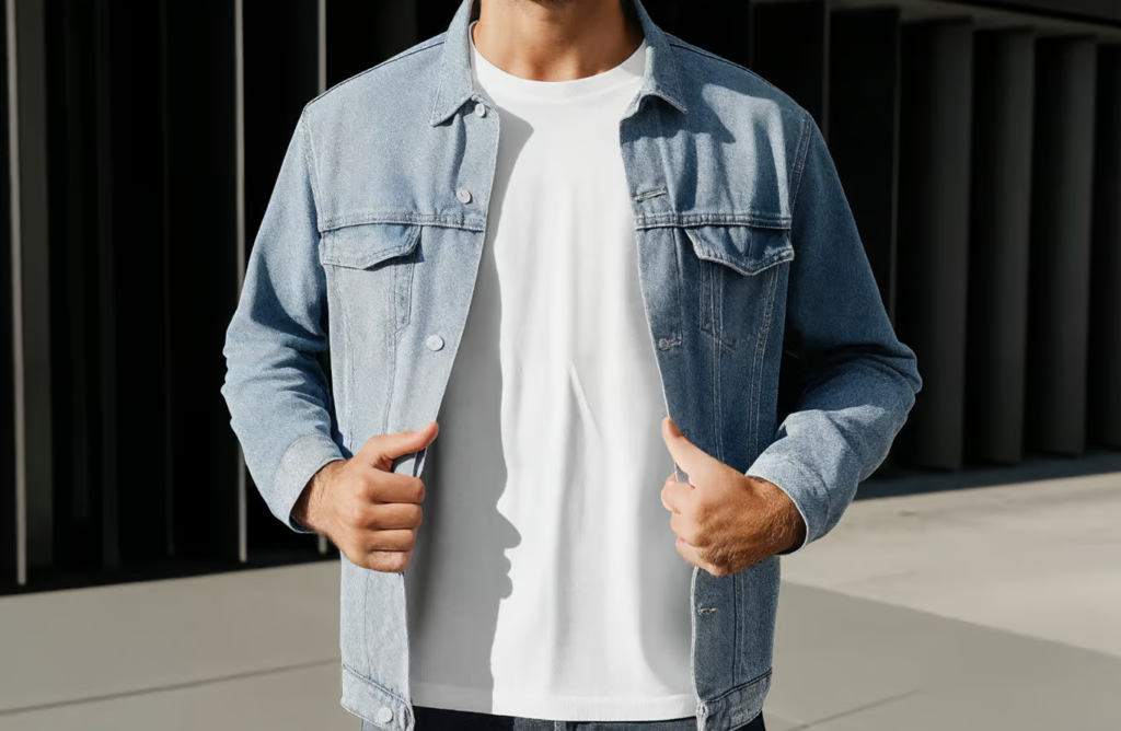 Men Denim Jacket Wearing T Shirt Mockup