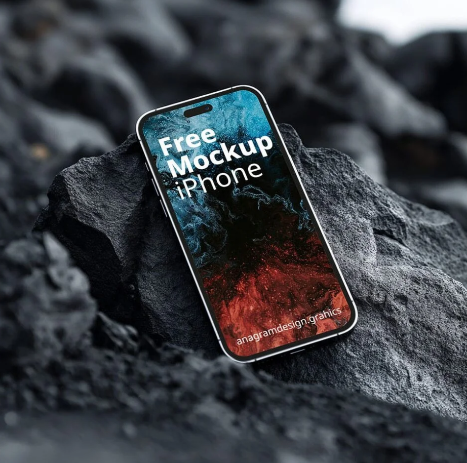 iPhone 15 Mockup Black Natural Rock Background