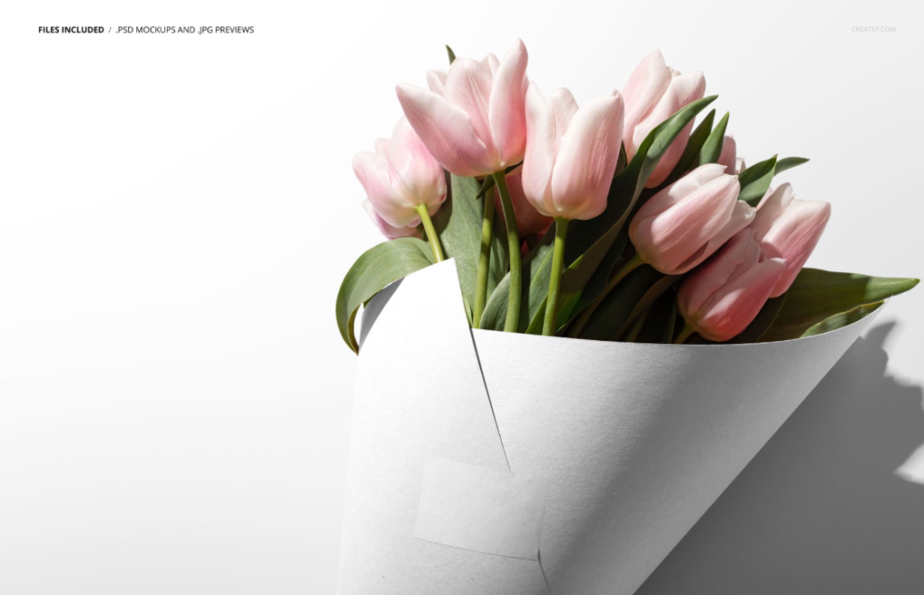 Close up of Flowers Packaging Cone PSD Mockup