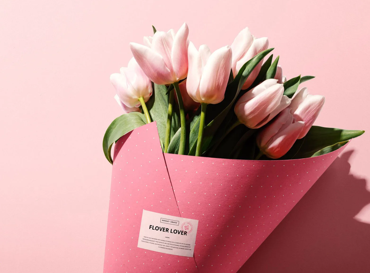 Close up of Flowers Packaging Cone PSD Mockup
