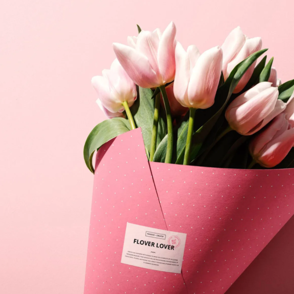 Close up of Flowers Packaging Cone PSD Mockup