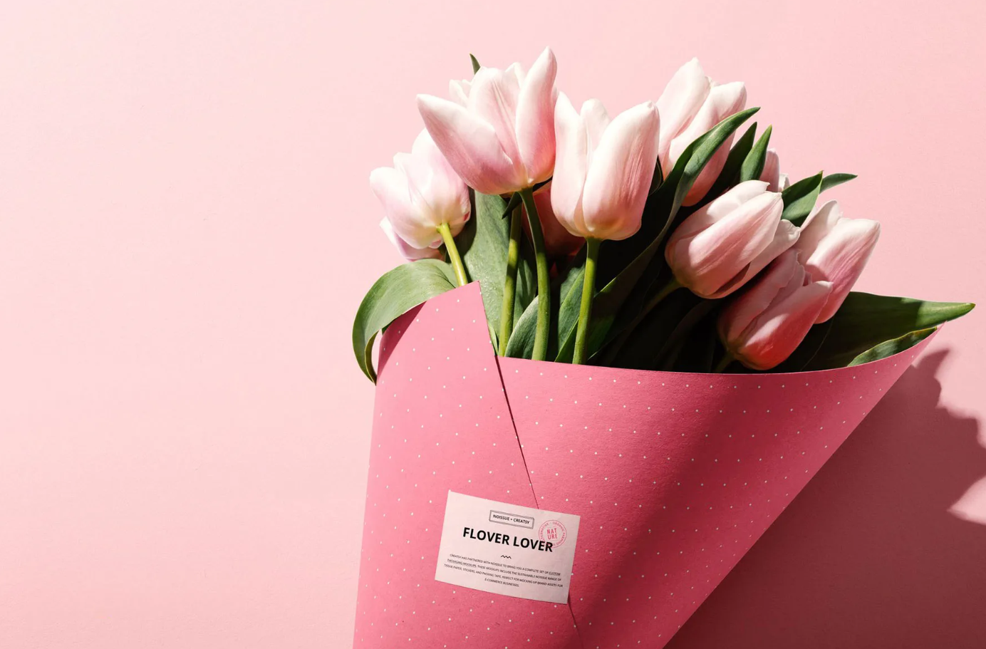 Close up of Flowers Packaging Cone PSD Mockup