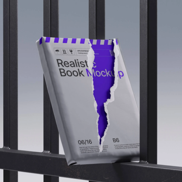 Free Book Mockup Against Metal Bars