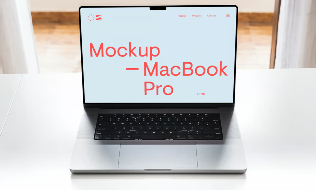 Free MacBook Pro on White Table Mockup