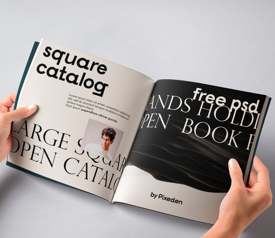 Hand Holding Square Catalog PSD Mockup