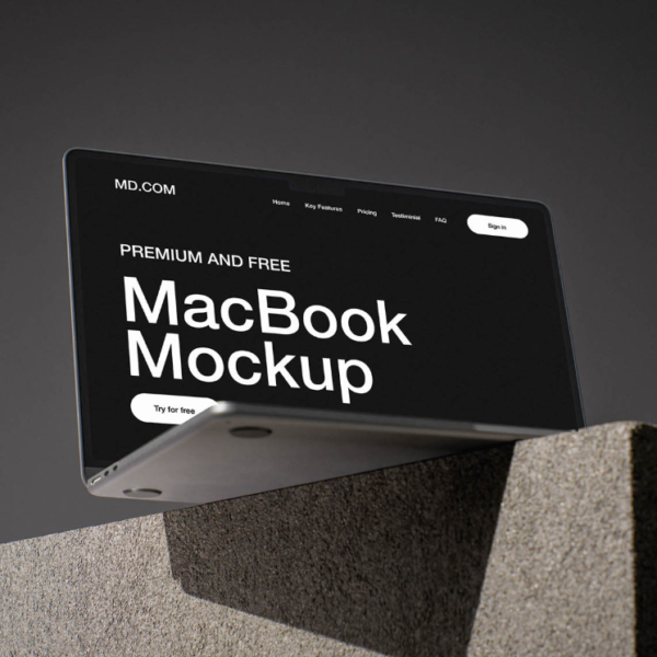 MacBook on Concrete Cube Mockup Design Presentation