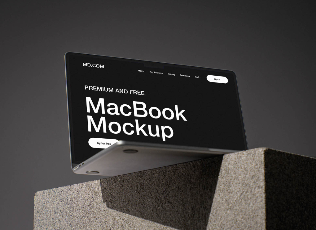 MacBook on Concrete Cube Mockup Design Presentation