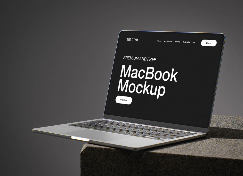 MacBook on Concrete Cube Mockup Design Presentation