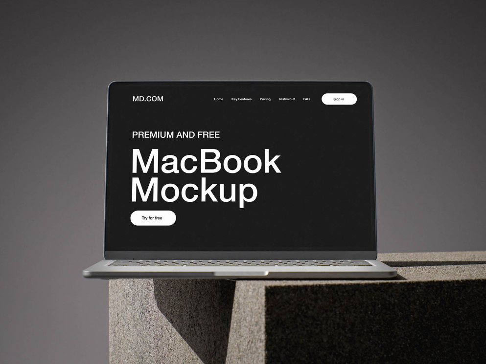 MacBook on Concrete Cube Mockup Design Presentation