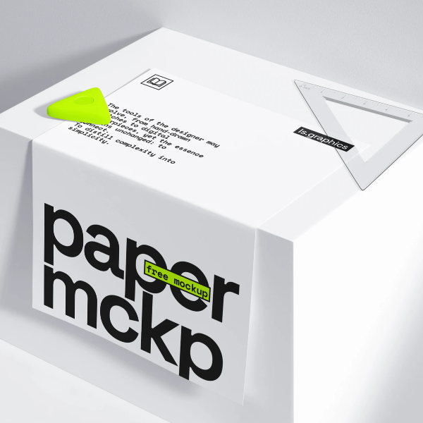 Paper Mockup on White Box with Rulers