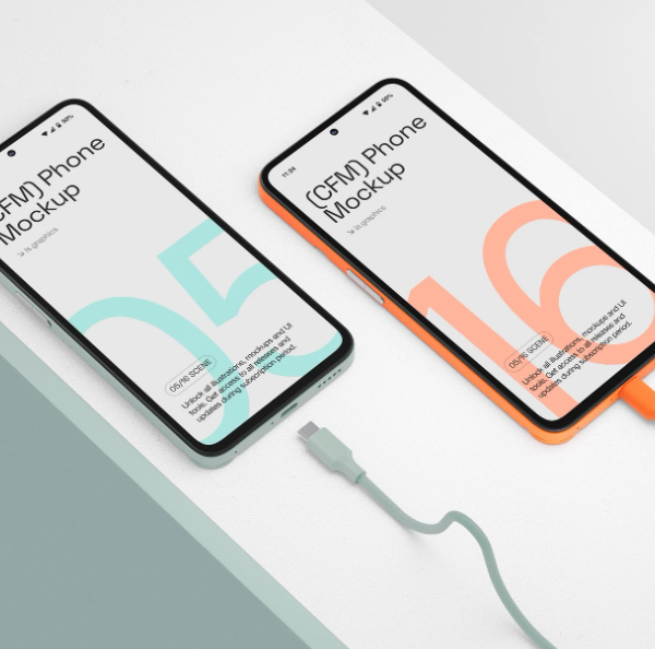 Two Smartphone Mockups on White and Green Surface