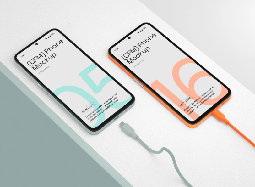 Two Smartphone Mockups on White and Green Surface