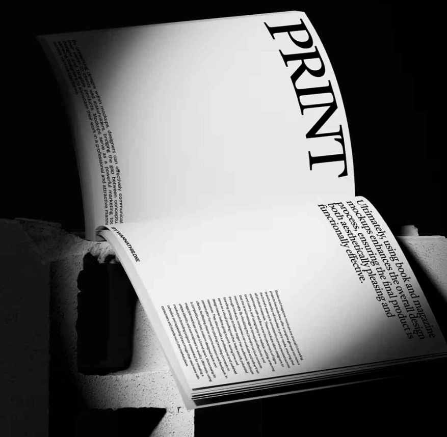 Artistic Magazine Mockup on Brick Blocks Dark Themed