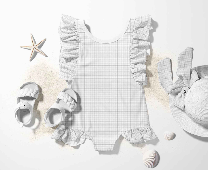Baby Ruffle Swimsuit and Hat Mockup