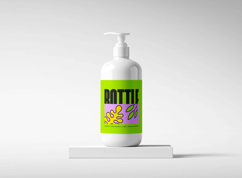 Free Lotion Bottle Mockup on White Platform Cosmetic Packaging PSD