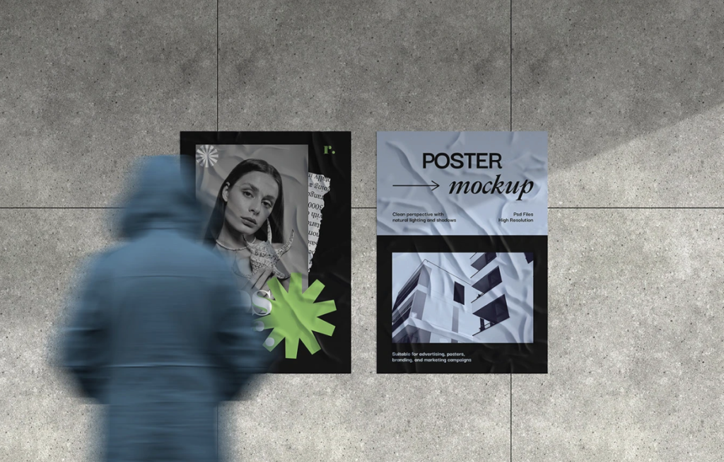 Glued Poster Mockup Wall PSD