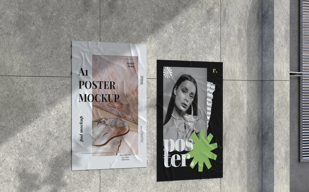 Glued Poster Mockup Wall PSD