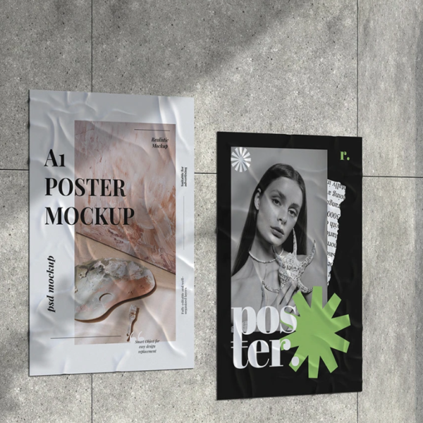 Glued Poster Mockup Wall PSD