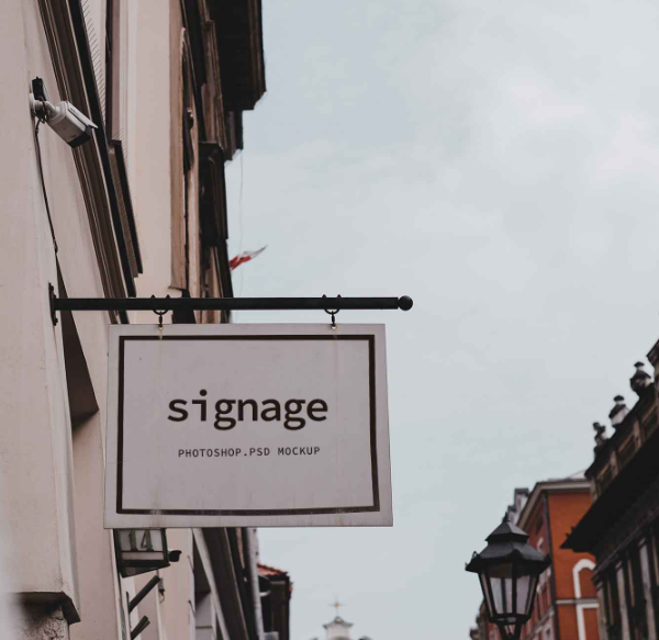 Outdoor Swing Signage Mockup PSD Realistic Storefront Branding