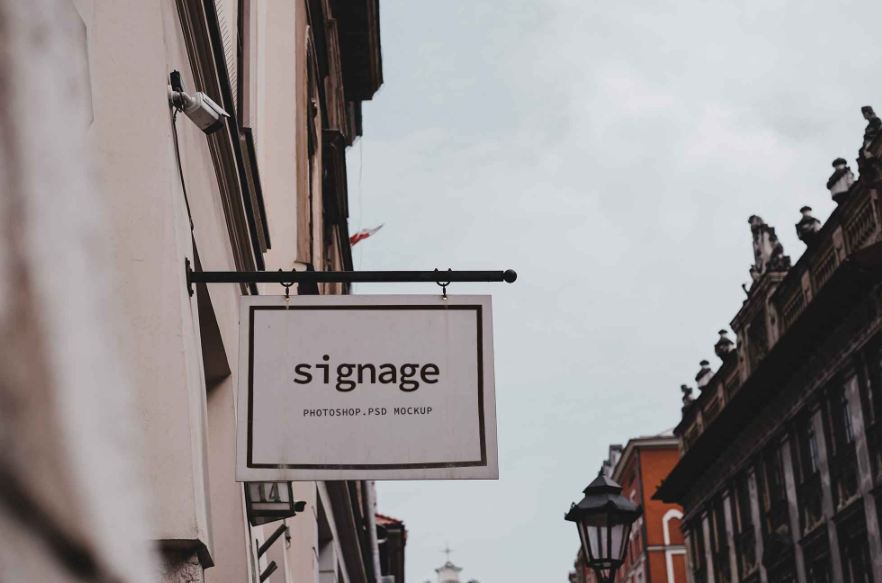 Outdoor Swing Signage Mockup PSD Realistic Storefront Branding