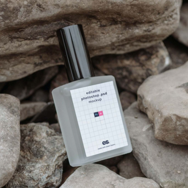 Perfume Bottle on Rocks Mockup PSD