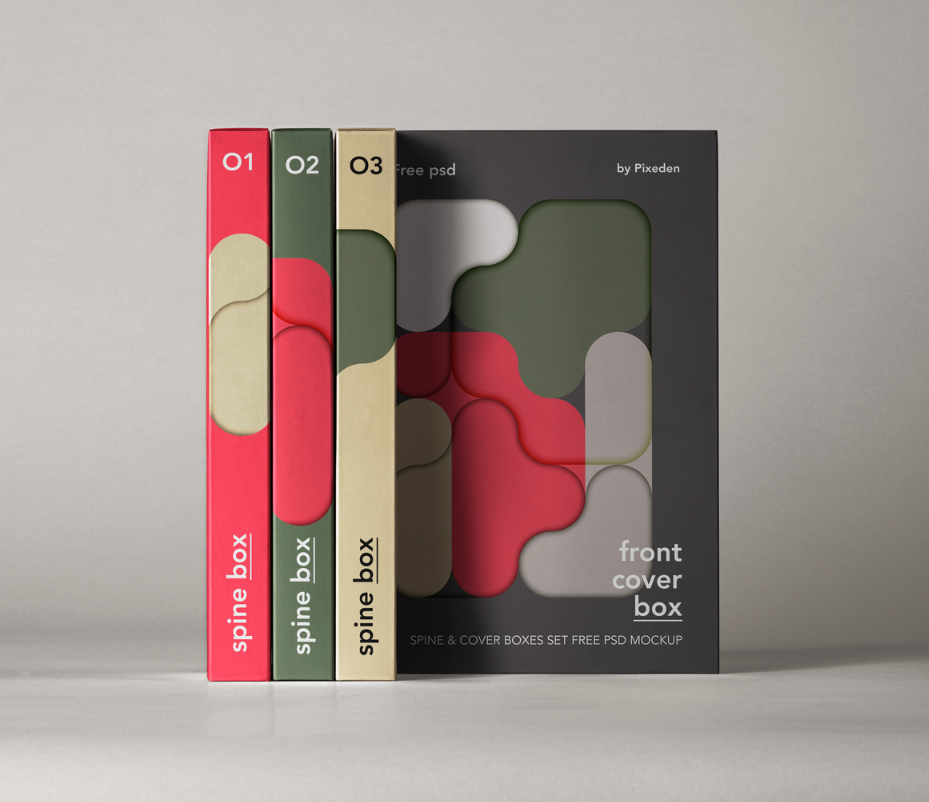 Spine Cover Boxes PSD Mockup Set Packaging Display