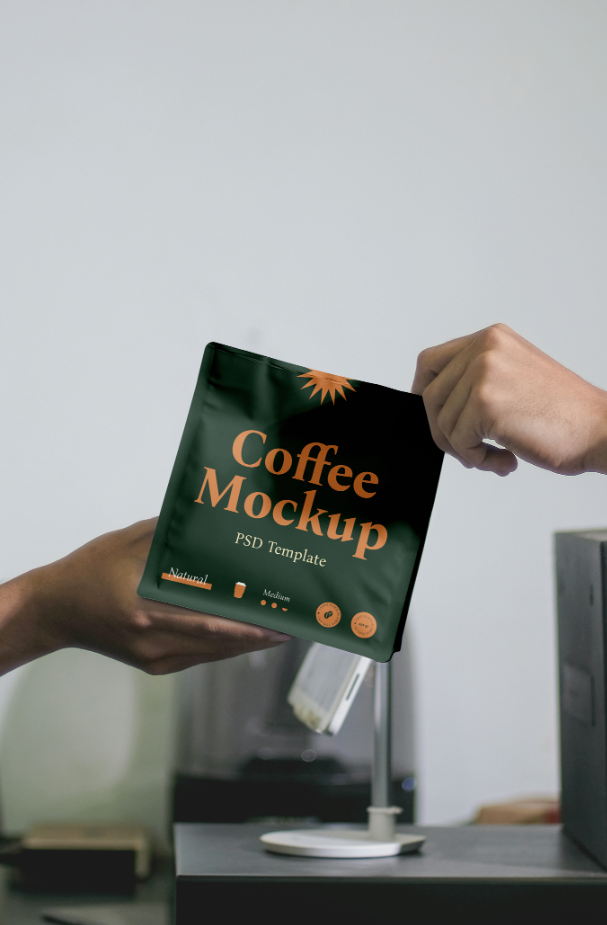Two Hands Holding Coffee Bag Mockup