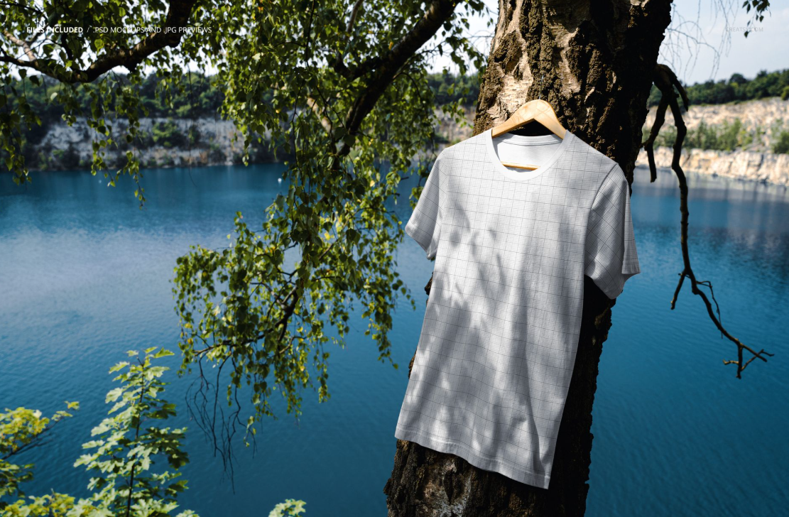 Bella canvas 3001 T Shirt Hanging on a Tree by the Lake Mockup