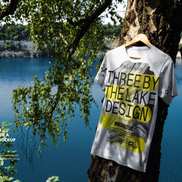 Bella canvas 3001 T Shirt Hanging on a Tree by the Lake Mockup