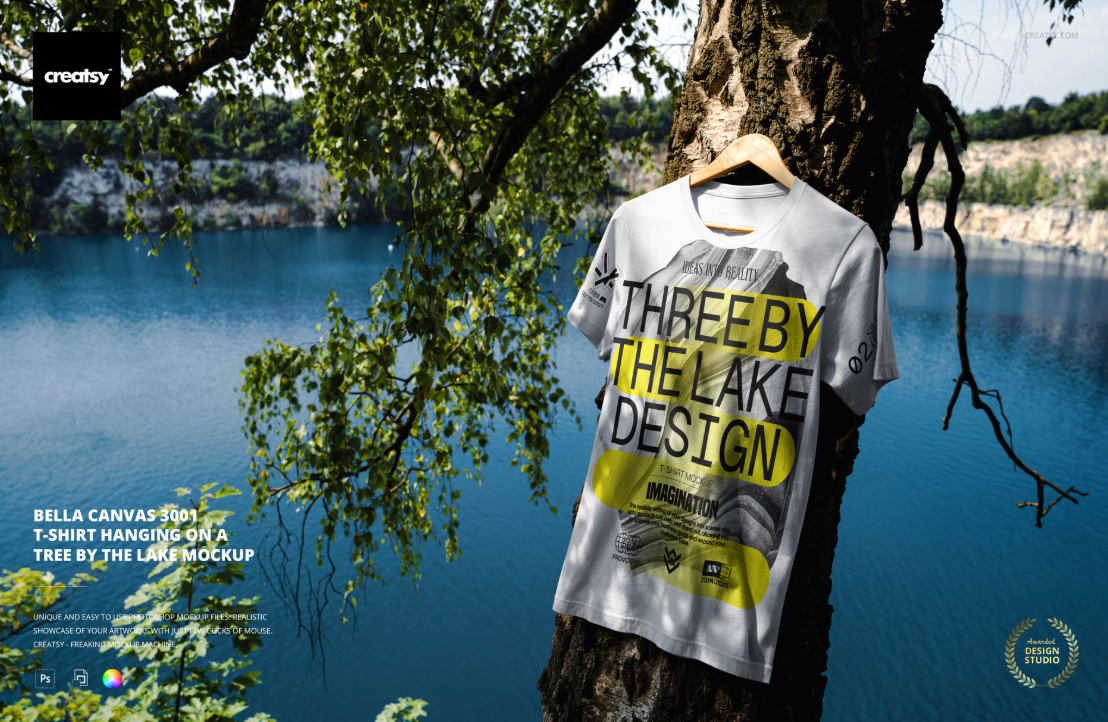Bella canvas 3001 T Shirt Hanging on a Tree by the Lake Mockup