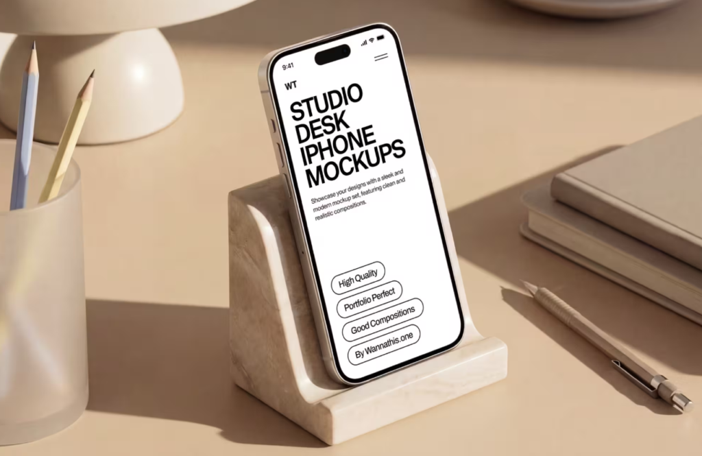 Desk iPhone on Stand Mockup