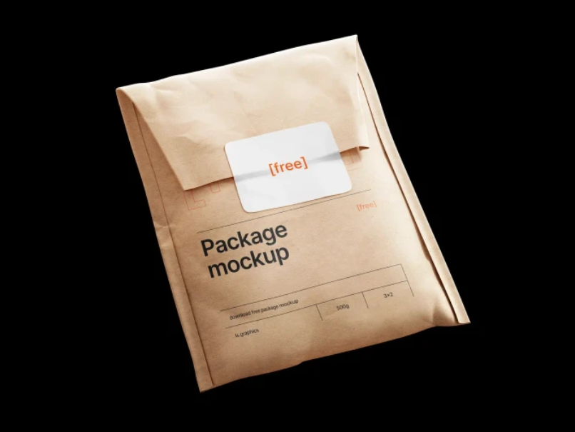 Kraft Paper Postal Bag and Sticker Mockup PSD