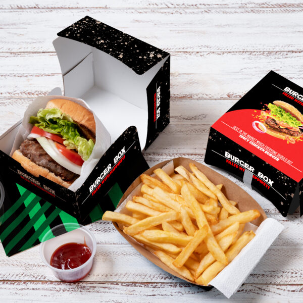 Paper and Burger Box with Fries Mockup