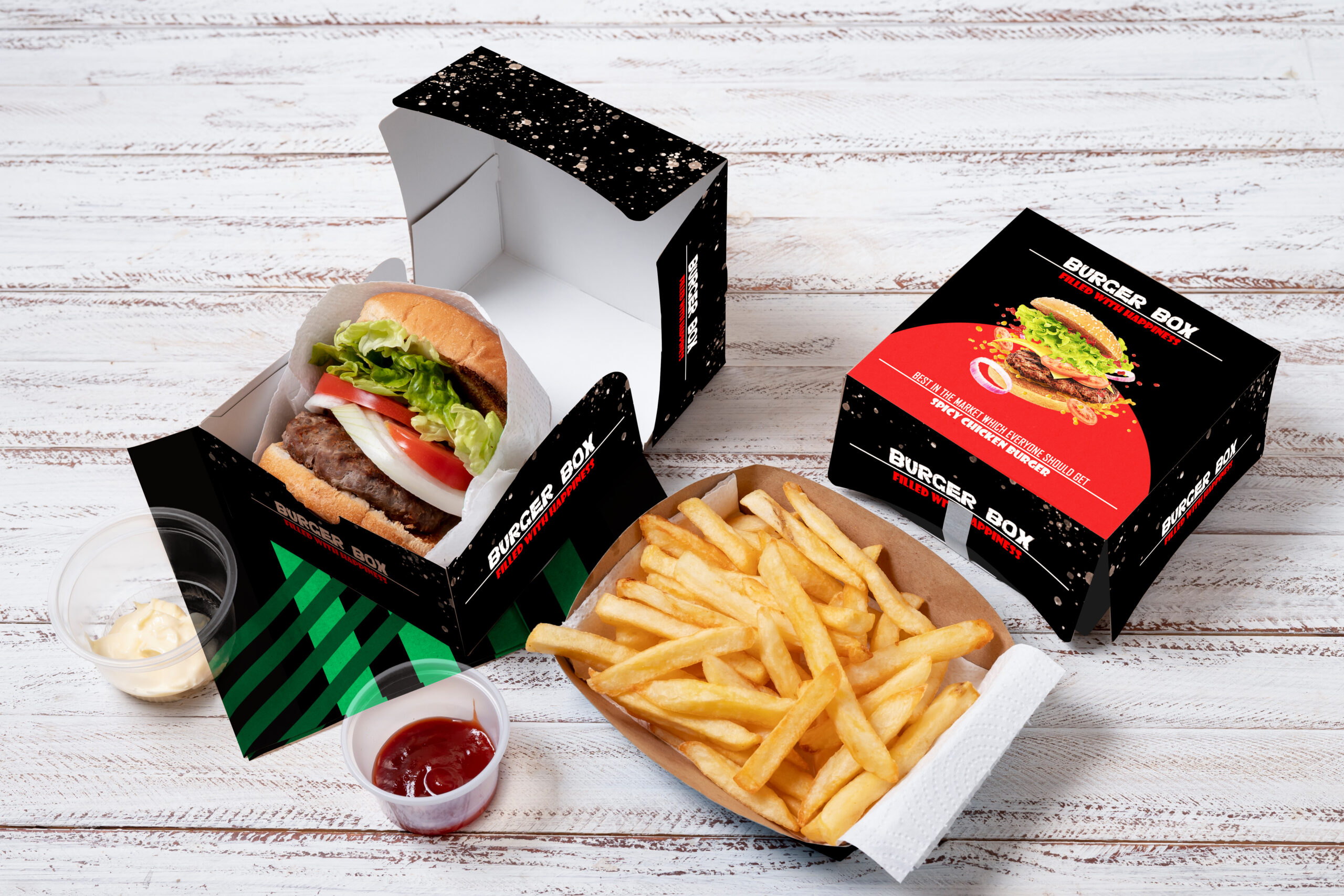 Paper and Burger Box with Fries Mockup