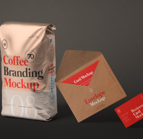 Complete Coffee Branding Mockup with Packaging & Business Card Display