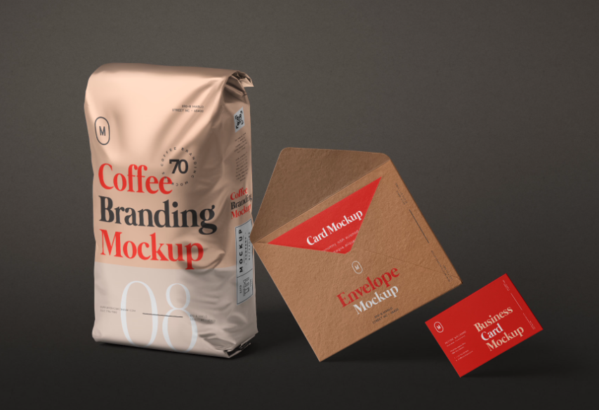 Complete Coffee Branding Mockup with Packaging & Business Card Display