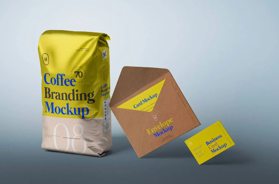 Complete Coffee Branding Mockup with Packaging & Business Card Display