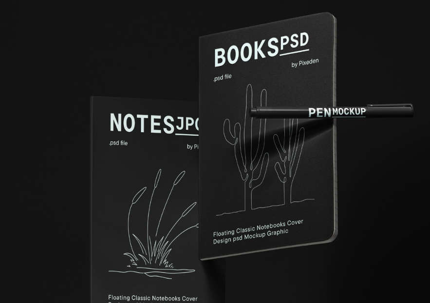 Floating classic notebooks cover Design PSD Mockup