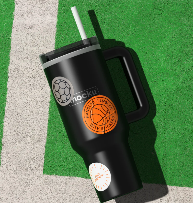 Free Handled Tumbler Mockup with Stickers