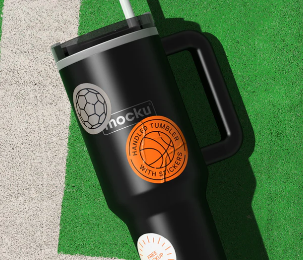 Free Handled Tumbler Mockup with Stickers