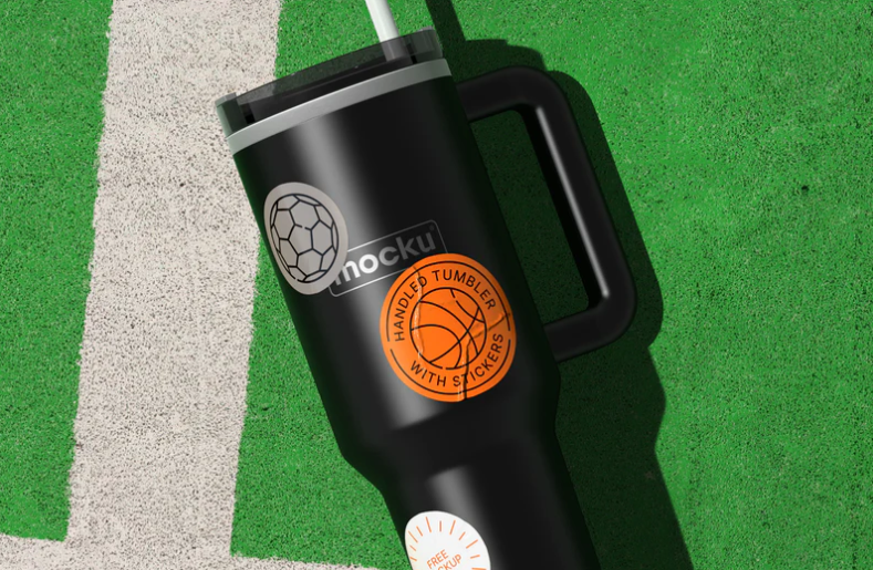 Free Handled Tumbler Mockup with Stickers