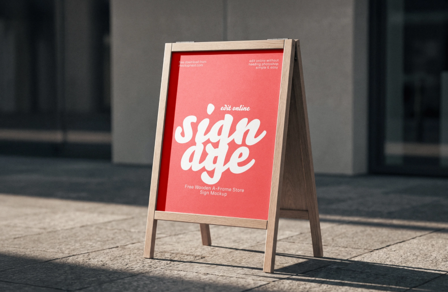 Free Wooden A Frame Store Sign Mockup PSD