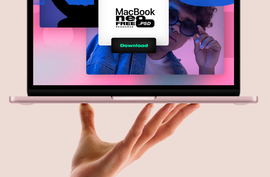 Hand Held MacBook neo Free PSD Mockup