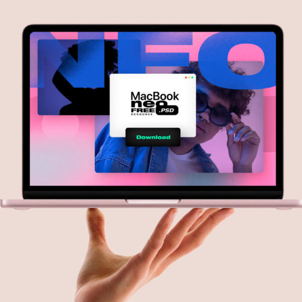 Hand Held MacBook neo Free PSD Mockup
