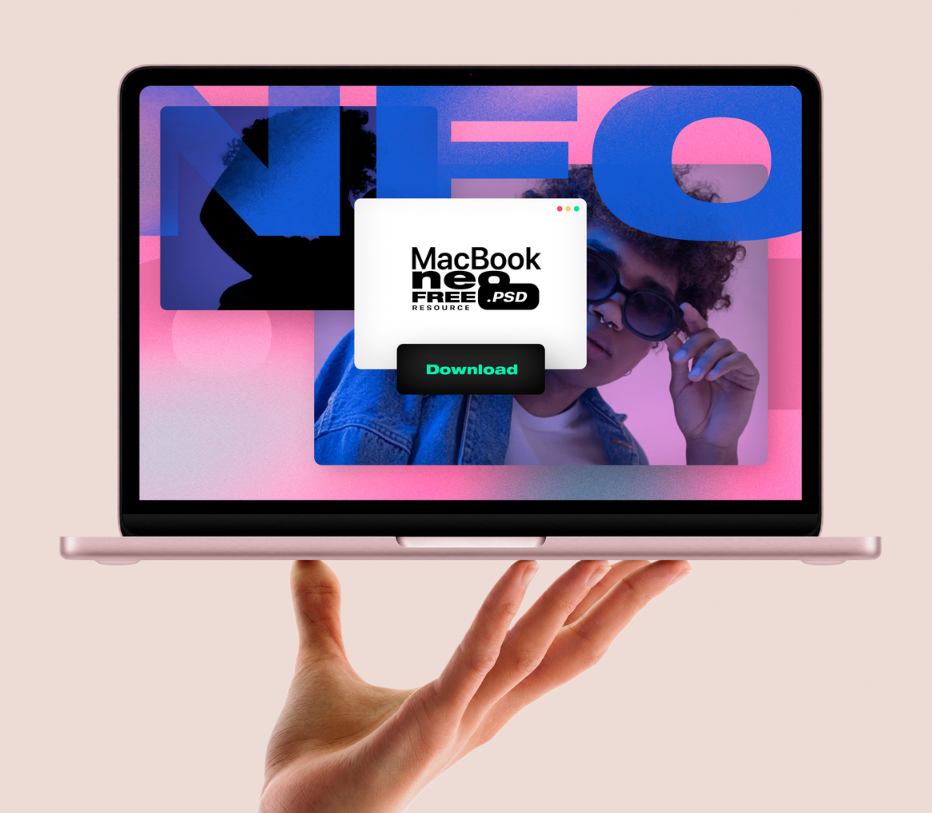 Hand Held MacBook neo Free PSD Mockup