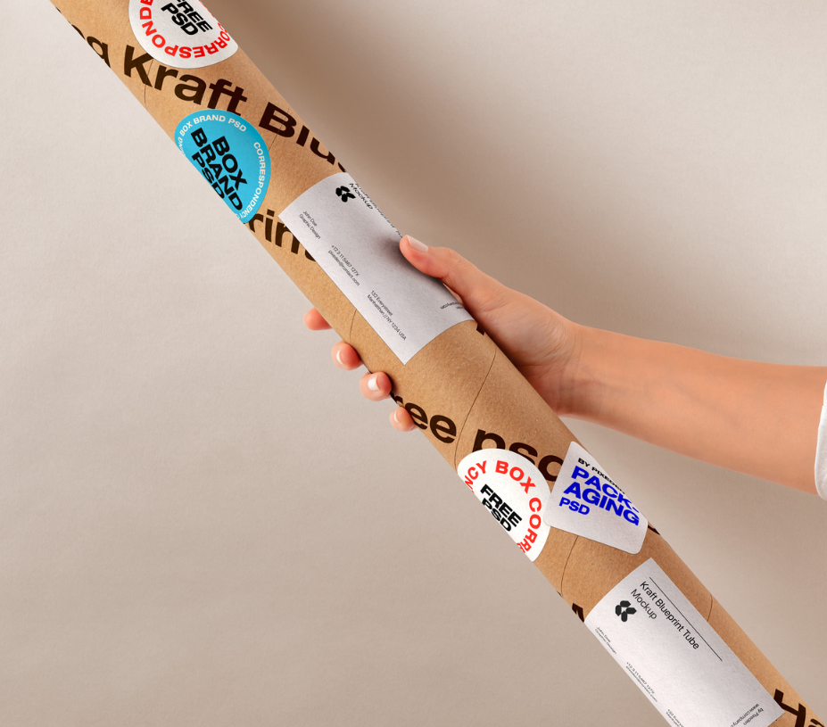 Hand Holding Kraft Tube mockup Packaging PSD