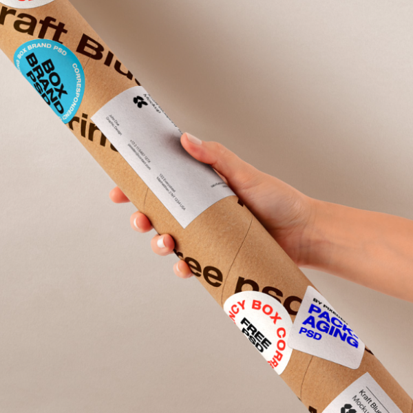Hand Holding Kraft Tube mockup Packaging PSD