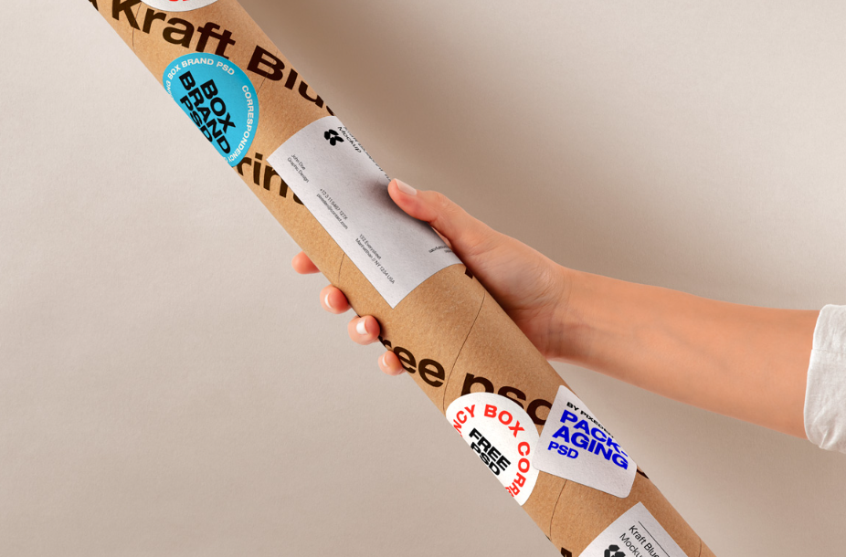 Hand Holding Kraft Tube mockup Packaging PSD